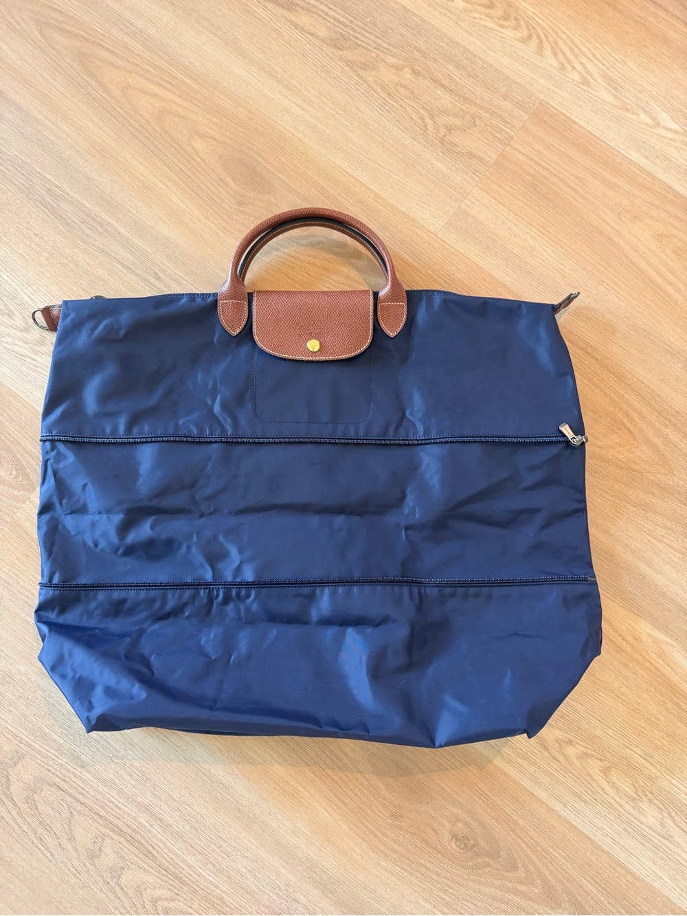 Longchamp Navy Foldable Tote with Brown Leather Trim original extensible travel